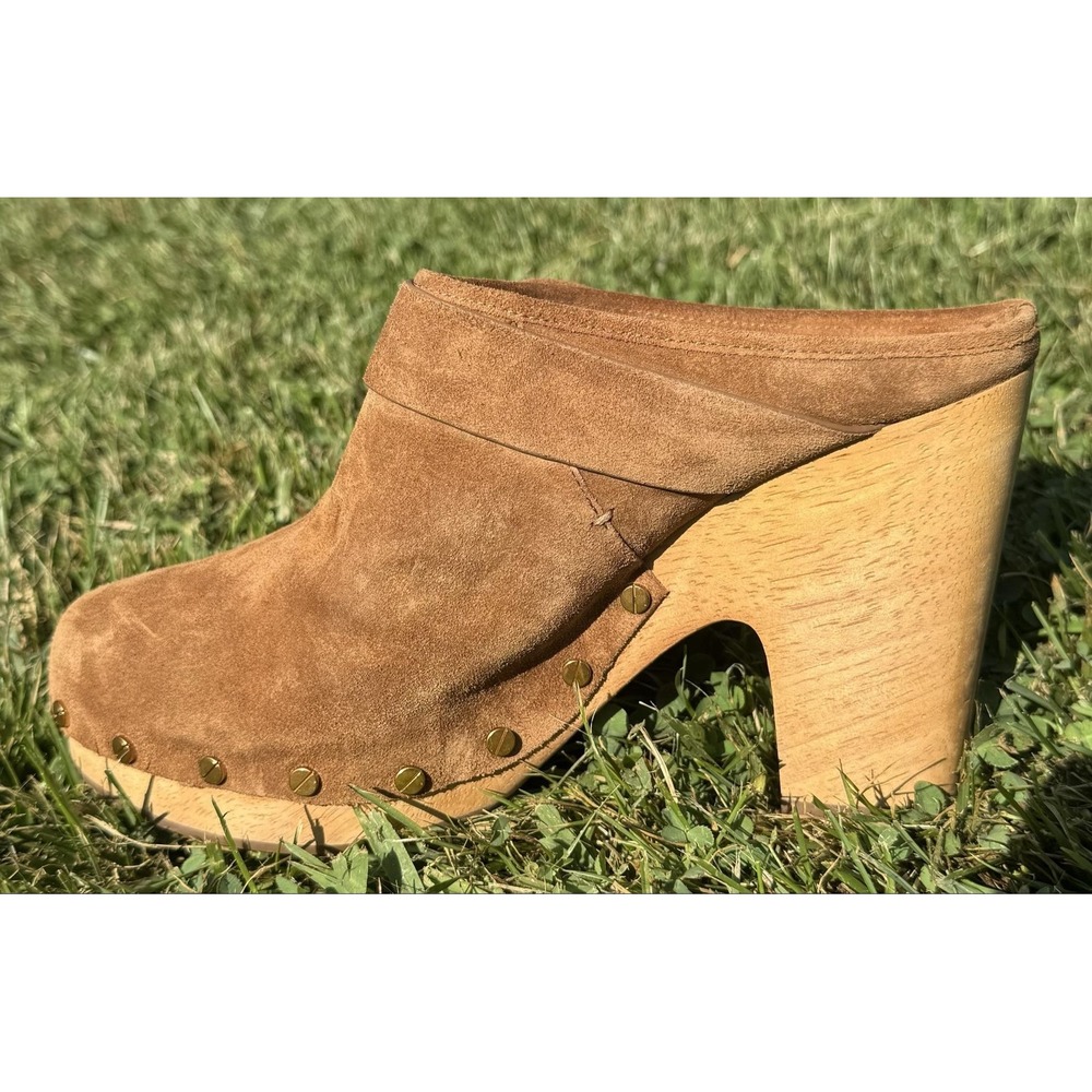 Veronica Beard Dacey Suede Wooden Clog Mule Camel Brown Studded Buckle Heel 8.5M - Picture 6 of 13